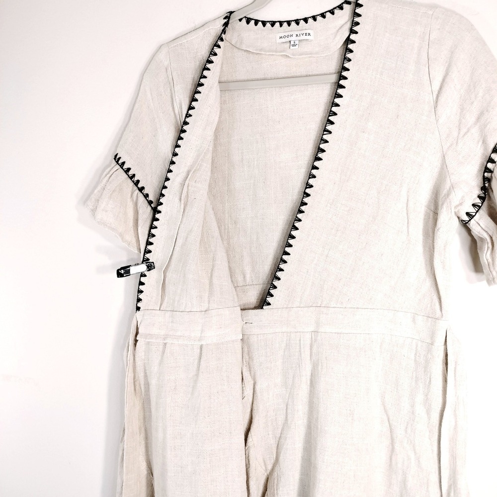 Moon River Beige Wrap Dress; Linen Blend, Embroidered, Ruffle Sleeve - Picture 4 of 9